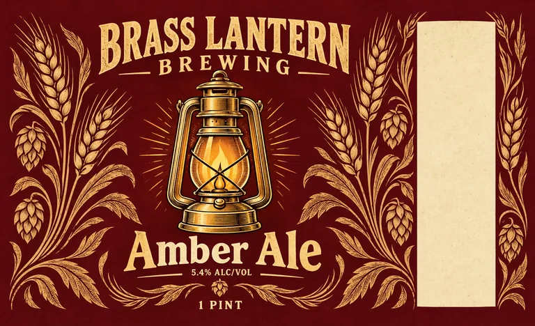 Beer label redesign for BRASS LANTERN BREWING Amber Ale, an AI-generated example made with GPT Image 2.5 Sunburst