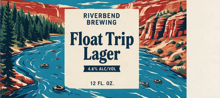 Summer river can for RIVERBEND BREWING Float Trip Lager, an AI-generated example made with Seedream 5.0 Pro