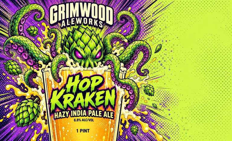 Hazy IPA can for GRIMWOOD ALEWORKS Hazy India Pale Ale, an AI-generated example made with GPT Image 2.5 Sunburst