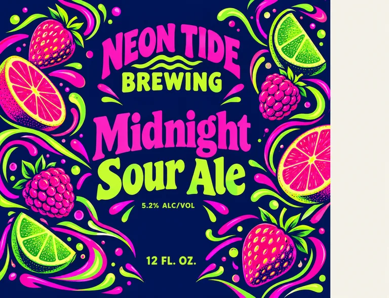 Glow sour ale can for NEON TIDE BREWING Midnight Sour Ale, an AI-generated example made with GPT Image 2.5 Flare