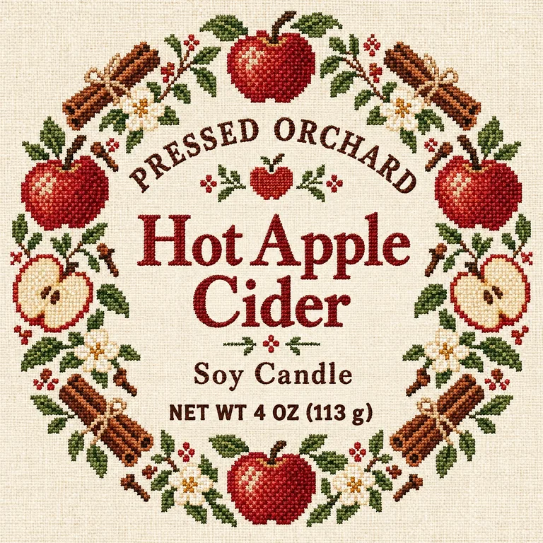 Candle tin lid for PRESSED ORCHARD Hot Apple Cider, an AI-generated example made with GPT Image 2.5 Sunburst