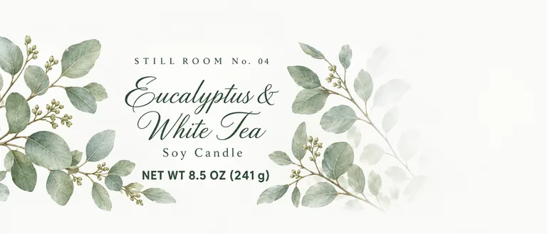 Spa candle wrap for STILL ROOM No. 04 Eucalyptus & White Tea, an AI-generated example made with GPT Image 2.5 Sunburst