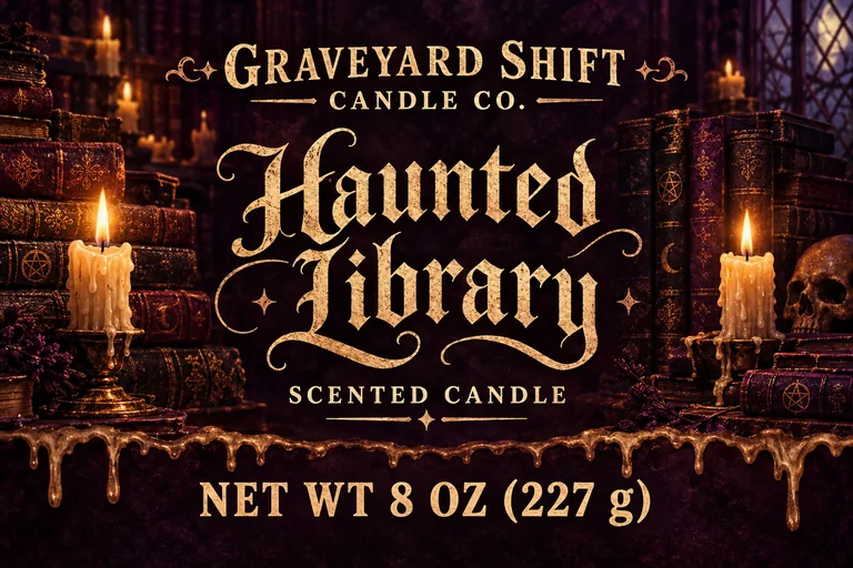 Halloween jar label for GRAVEYARD SHIFT CANDLE CO. Haunted Library, an AI-generated example made with GPT Image 2.5 Flare