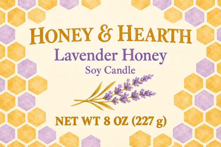 Candle label redesign for HONEY & HEARTH Lavender Honey, an AI-generated example made with GPT Image 2.5 Flare