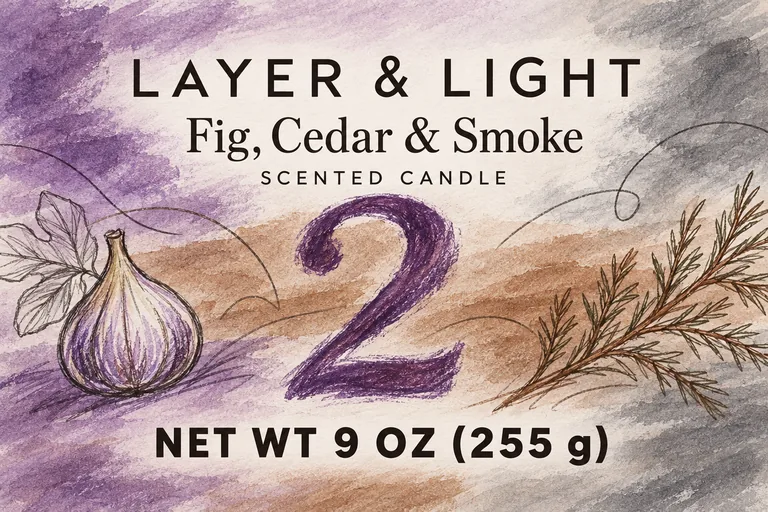Scent stacking label for LAYER & LIGHT Fig, Cedar & Smoke, an AI-generated example made with GPT Image 2.5 Sunburst