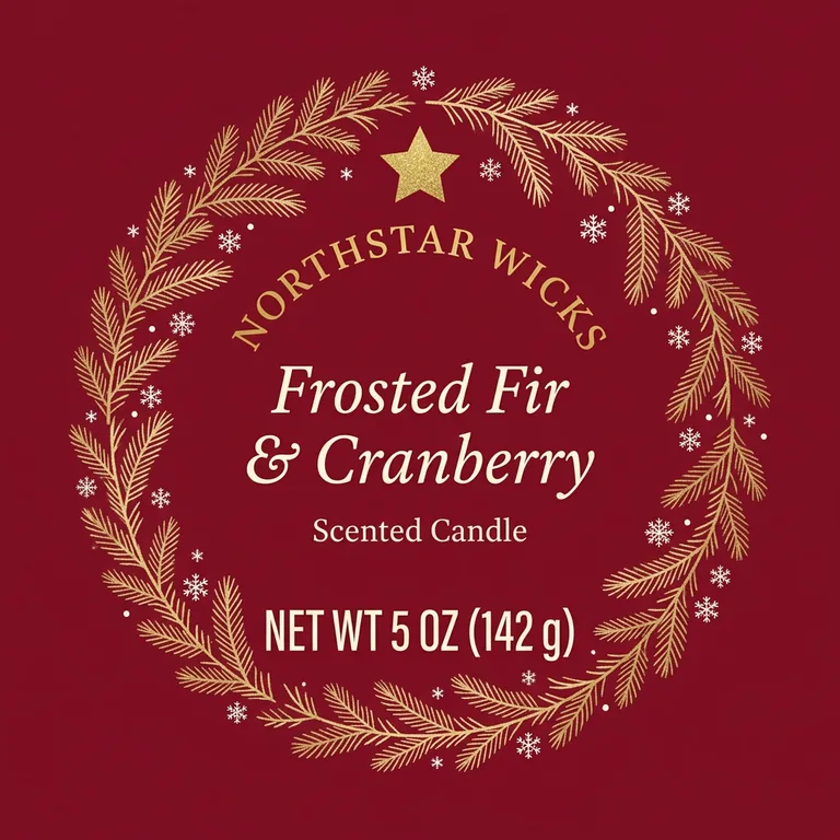 Holiday tin lid for NORTHSTAR WICKS Frosted Fir & Cranberry, an AI-generated example made with Nano Banana 2.1