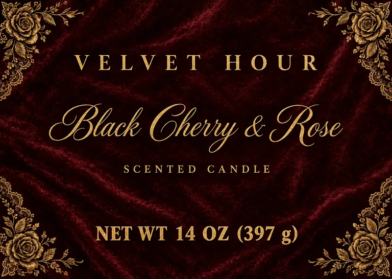 Valentine's jar label for VELVET HOUR Black Cherry & Rose, an AI-generated example made with GPT Image 2.5 Flare