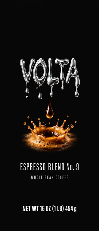 Espresso side gusset bag for VOLTA Espresso Blend No. 9, an AI-generated example made with GPT Image 2.5 Sunburst