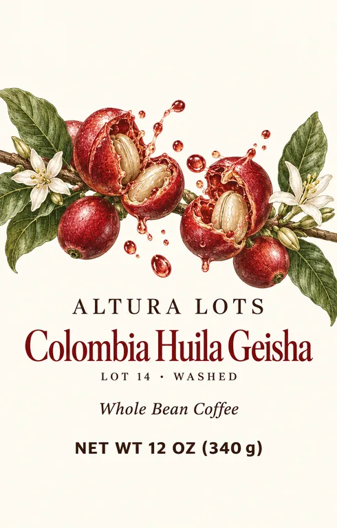 Single origin pouch for ALTURA LOTS Colombia Huila Geisha, an AI-generated example made with GPT Image 2.5 Sunburst