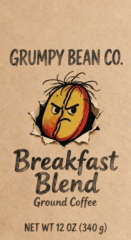 Mascot coffee bag for GRUMPY BEAN CO. Breakfast Blend, an AI-generated example made with Seedream 5.0 Pro