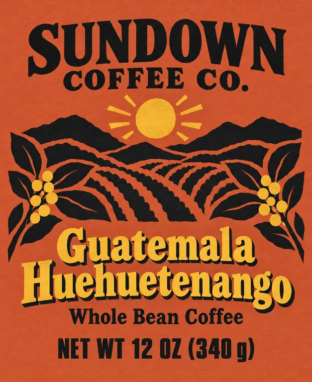 Coffee sticker redesign for SUNDOWN COFFEE CO. Guatemala Huehuetenango, an AI-generated example made with GPT Image 2.5 Sunburst