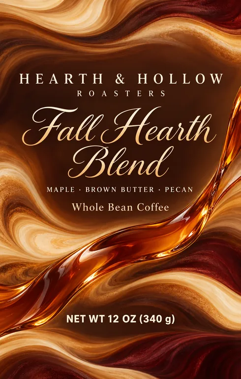 Fall roast pouch for HEARTH & HOLLOW ROASTERS Fall Hearth Blend, an AI-generated example made with GPT Image 2.5 Sunburst