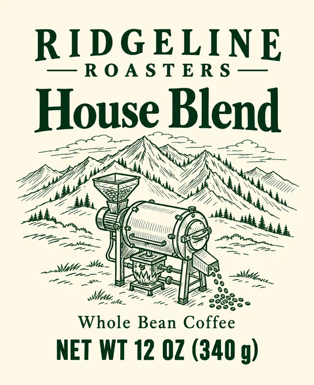 Bag sticker from a sketch for RIDGELINE ROASTERS House Blend, an AI-generated example made with GPT Image 2.5 Sunburst