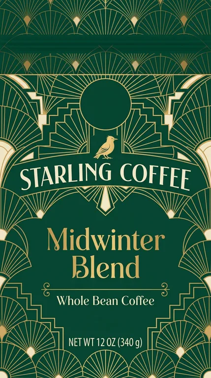 Holiday flat-bottom bag for STARLING COFFEE Midwinter Blend, an AI-generated example made with Nano Banana 2.1