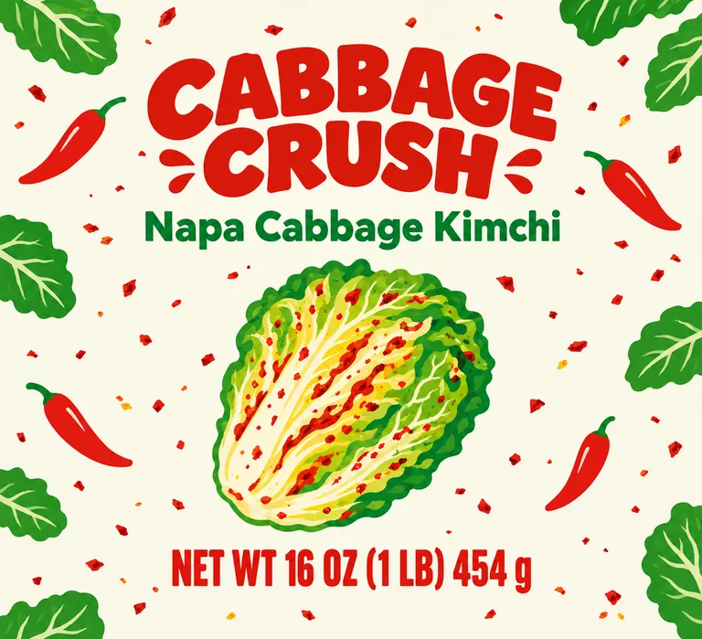 CABBAGE CRUSH Napa Cabbage Kimchi 泡菜罐标签，AI 生成示例（GPT Image 2.5 Flare）