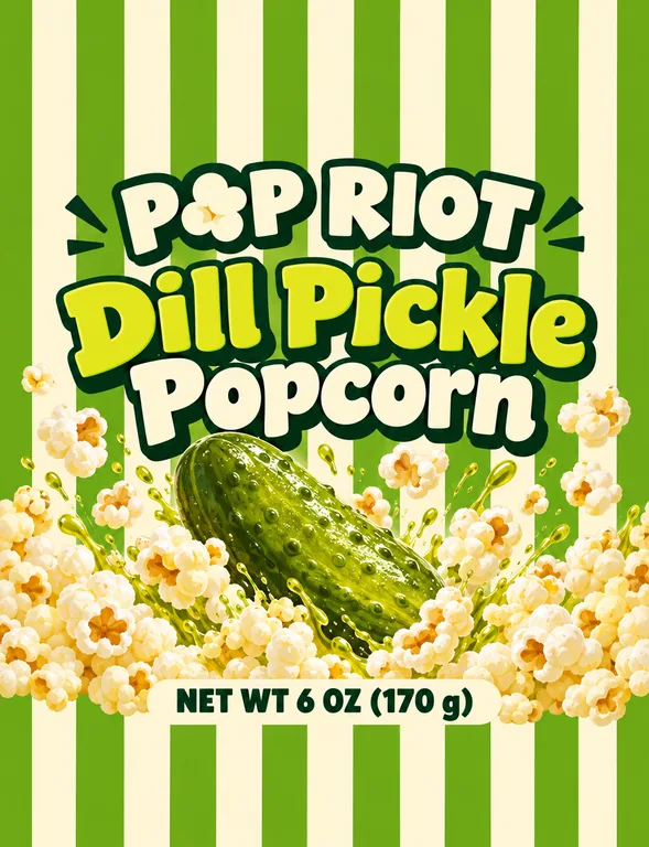 POP RIOT Dill Pickle Popcorn 爆米花袋，AI 生成示例（GPT Image 2.5 Sunburst）