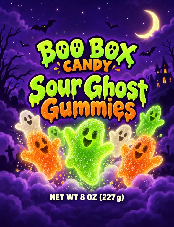 BOO BOX CANDY Sour Ghost Gummies 万圣节软糖袋，AI 生成示例（GPT Image 2.5 Sunburst）