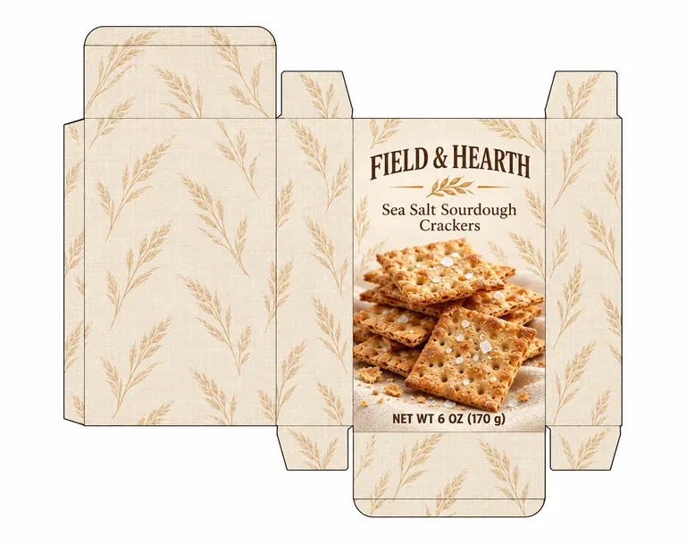 FIELD & HEARTH Sea Salt Sourdough Crackers 饼干盒（刀版），AI 生成示例（GPT Image 2.5 Sunburst）