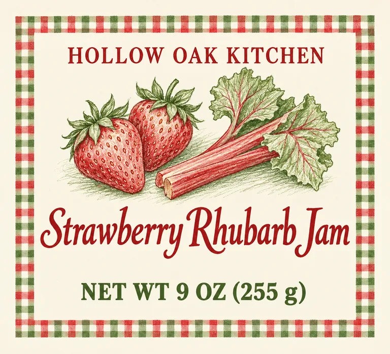 HOLLOW OAK KITCHEN Strawberry Rhubarb Jam 果酱罐标签，AI 生成示例（GPT Image 2.5 Sunburst）