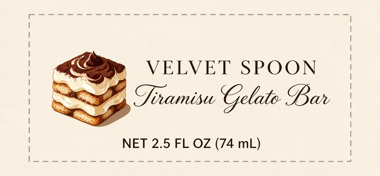 VELVET SPOON Tiramisu Gelato Bar 冰淇淋棒包装，AI 生成示例（Seedream 5.0 Pro）