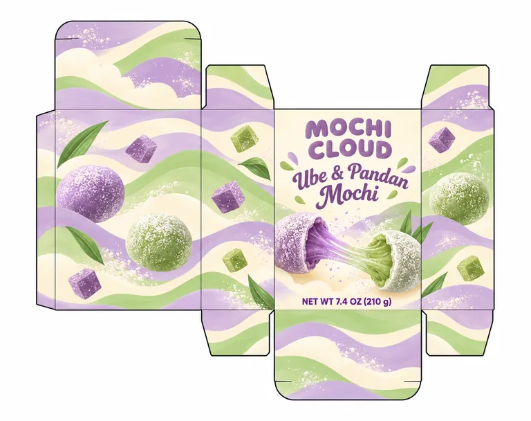 MOCHI CLOUD Ube & Pandan Mochi 麻薯盒（刀版），AI 生成示例（GPT Image 2.5 Sunburst）