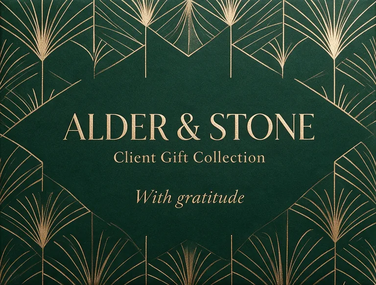 Corporate gift redesign for ALDER & STONE Client Gift Collection, an AI-generated example made with Seedream 5.0 Pro