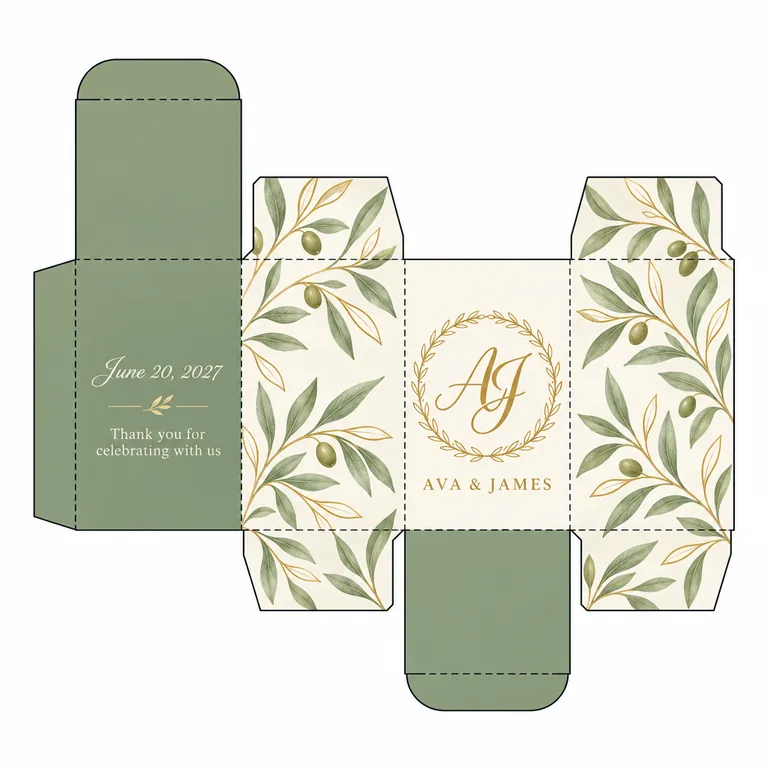 Wedding favor box (dieline) for AVA & JAMES June 20, 2027, an AI-generated example made with GPT Image 2.5 Sunburst