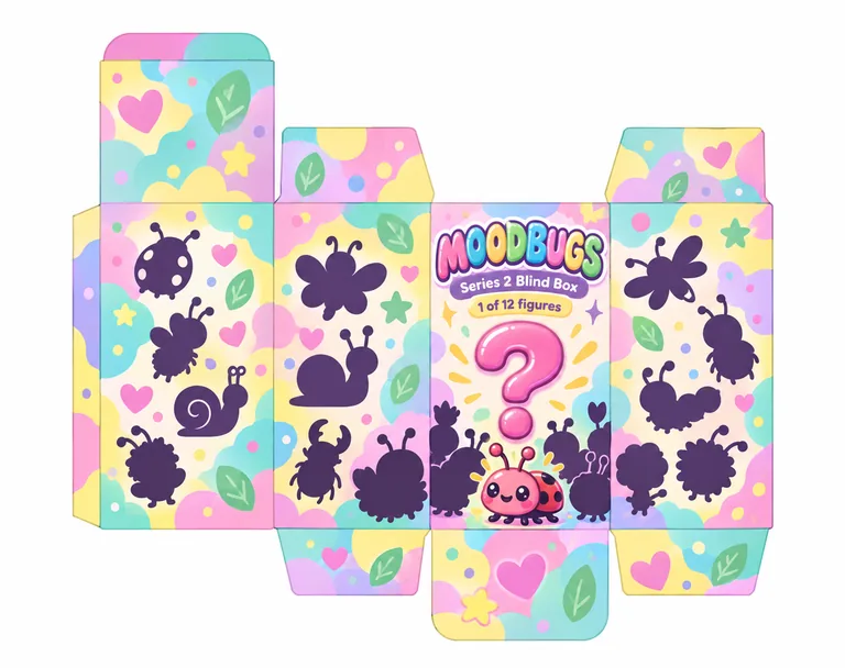 Blind box (dieline) for MOODBUGS Series 2 Blind Box, an AI-generated example made with GPT Image 2.5 Sunburst