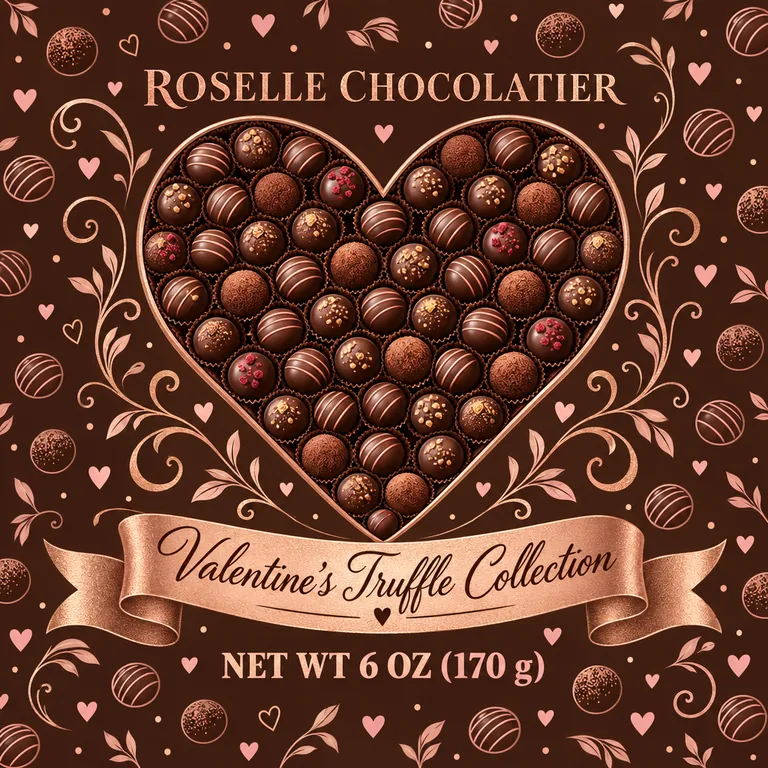 Valentine’s chocolate box for ROSELLE CHOCOLATIER Valentine’s Truffle Collection, an AI-generated example made with GPT Image 2.5 Sunburst