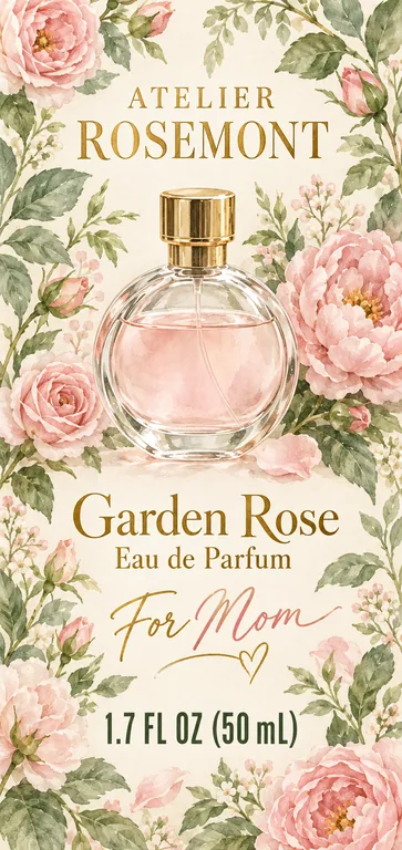 Perfume box front for ATELIER ROSEMONT Garden Rose Eau de Parfum, an AI-generated example made with GPT Image 2.5 Sunburst