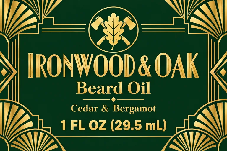 Beard oil label for IRONWOOD & OAK Beard Oil, an AI-generated example made with GPT Image 2.5 Sunburst