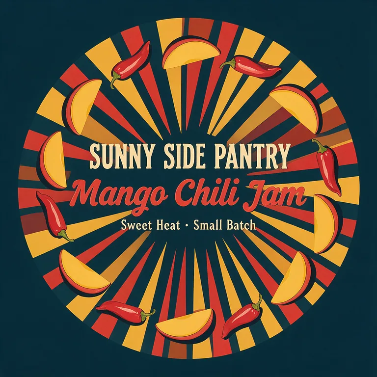 Jam jar lid label for SUNNY SIDE PANTRY Mango Chili Jam, an AI-generated example made with Seedream 5.0 Pro