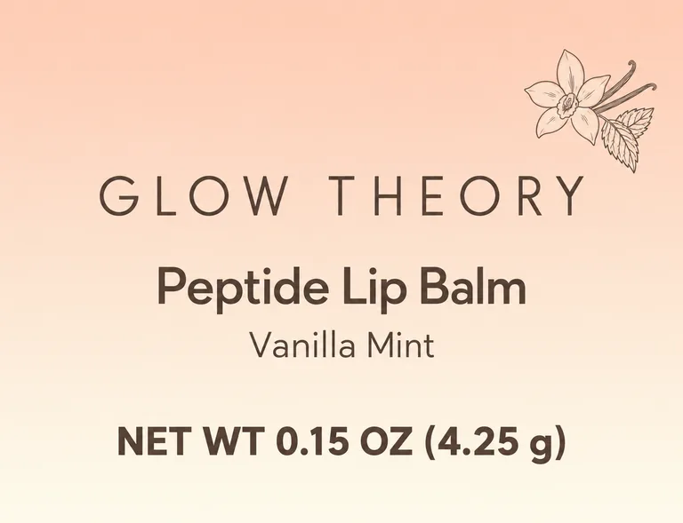Lip balm tube label for GLOW THEORY Peptide Lip Balm, an AI-generated example made with GPT Image 2.5 Sunburst