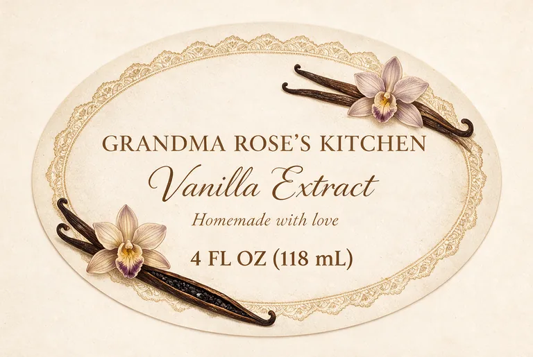 Homemade gift label for GRANDMA ROSE'S KITCHEN Vanilla Extract, an AI-generated example made with Seedream 5.0 Pro