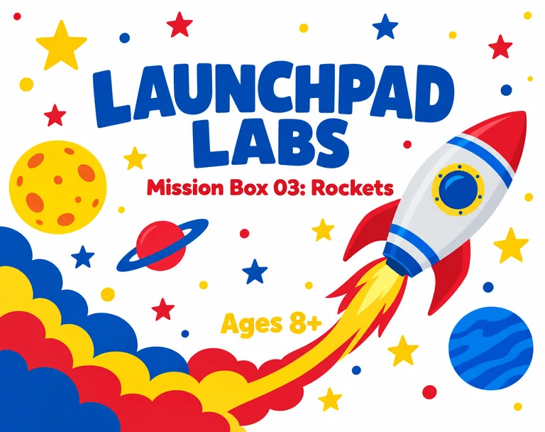 Kids science kit lid for LAUNCHPAD LABS Mission Box 03: Rockets, an AI-generated example made with GPT Image 2.5 Sunburst