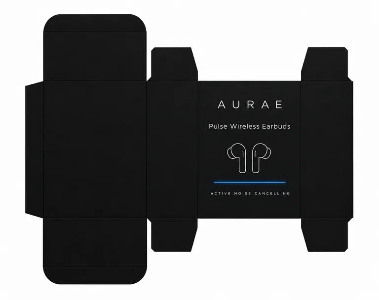 Earbuds box (dieline) for AURAE Pulse Wireless Earbuds, an AI-generated example made with GPT Image 2.5 Flare