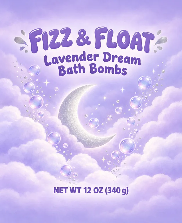 Bath bomb pouch for FIZZ & FLOAT Lavender Dream Bath Bombs, an AI-generated example made with GPT Image 2.5 Flare