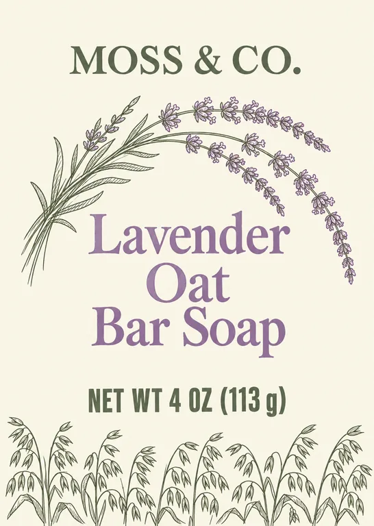 Soap box front for MOSS & CO. Lavender Oat Bar Soap, an AI-generated example made with GPT Image 2.5 Flare