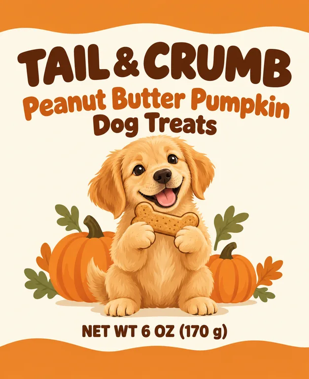 Dog treat pouch for TAIL & CRUMB Peanut Butter Pumpkin Dog Treats, an AI-generated example made with GPT Image 2.5 Sunburst