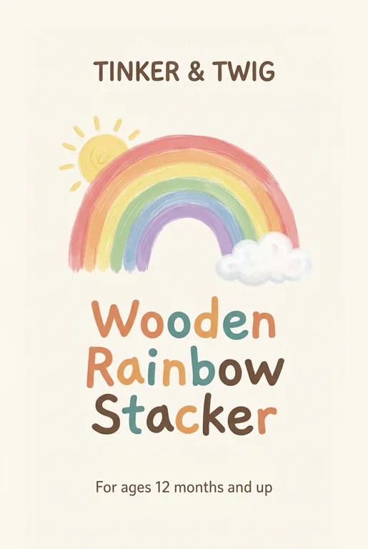 Toy box front for TINKER & TWIG Wooden Rainbow Stacker, an AI-generated example made with Nano Banana 2.1