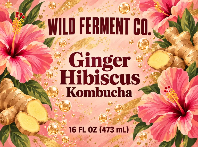 Kombucha label for WILD FERMENT CO. Ginger Hibiscus Kombucha, an AI-generated example made with GPT Image 2.5 Sunburst