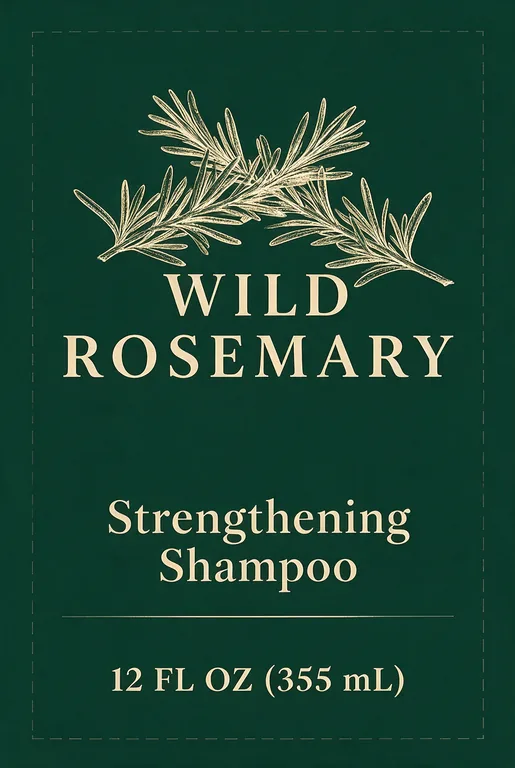Shampoo label redesign for WILD ROSEMARY Strengthening Shampoo, an AI-generated example made with Seedream 5.0 Pro
