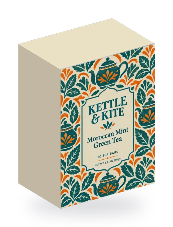 A 3D tea box mockup made with the free 3D box tab: a Kettle & Kite print file folded on a 3 × 2 × 4 in box