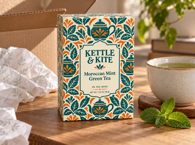 Tea box for , an AI-generated example made with GPT Image 2.5 Sunburst