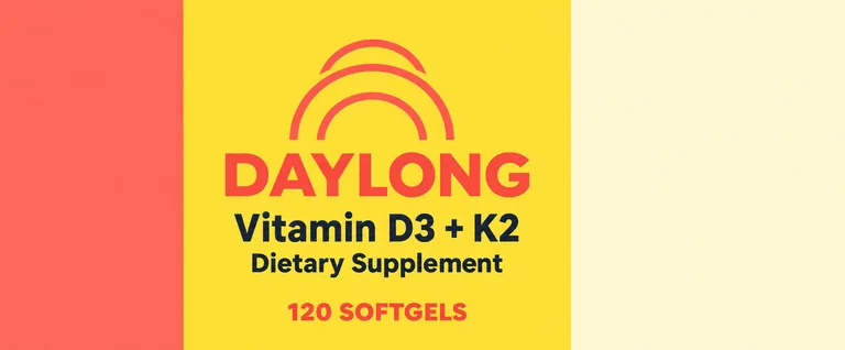 Series bottle label for DAYLONG Vitamin D3 + K2, an AI-generated example made with GPT Image 2.5 Sunburst