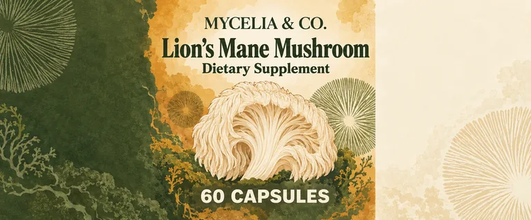 Mushroom capsules for MYCELIA & CO. Lion's Mane Mushroom, an AI-generated example made with GPT Image 2.5 Sunburst
