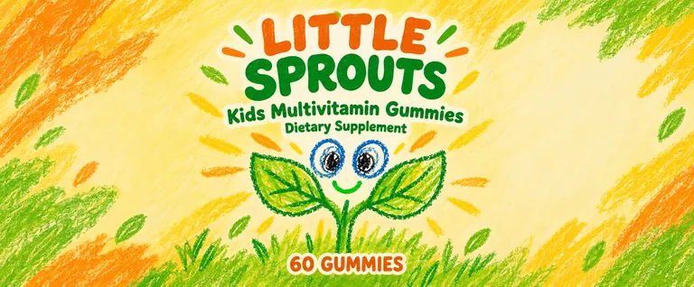 Kids' gummy label for LITTLE SPROUTS Kids Multivitamin Gummies, an AI-generated example made with GPT Image 2.5 Sunburst