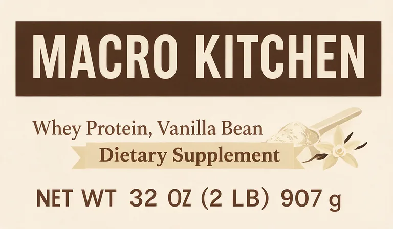 Protein tub label for MACRO KITCHEN Whey Protein, Vanilla Bean, an AI-generated example made with Seedream 5.0 Pro