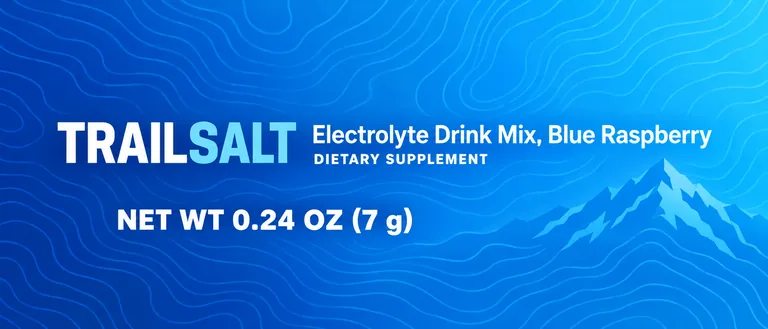 Stick pack for TRAILSALT Electrolyte Drink Mix, Blue Raspberry, an AI-generated example made with GPT Image 2.5 Sunburst