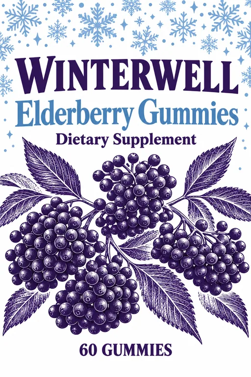 Pouch front label for WINTERWELL Elderberry Gummies, an AI-generated example made with GPT Image 2.5 Sunburst
